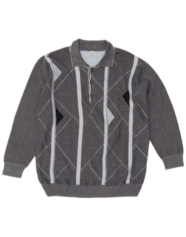 vintage Mens Polo Neck Jumper Pull IT 56 XL Gris Géométrique Coton