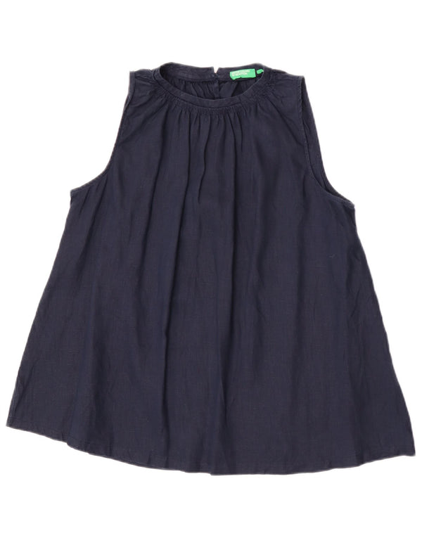 Benetton Dame ærmeløs bluse Top UK 10 Small Navy Blue Linen