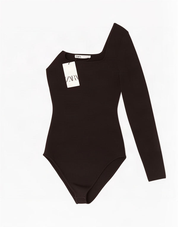 Zara Womens One Shoulder Bodysuit UK 12 Medium Black Viscose