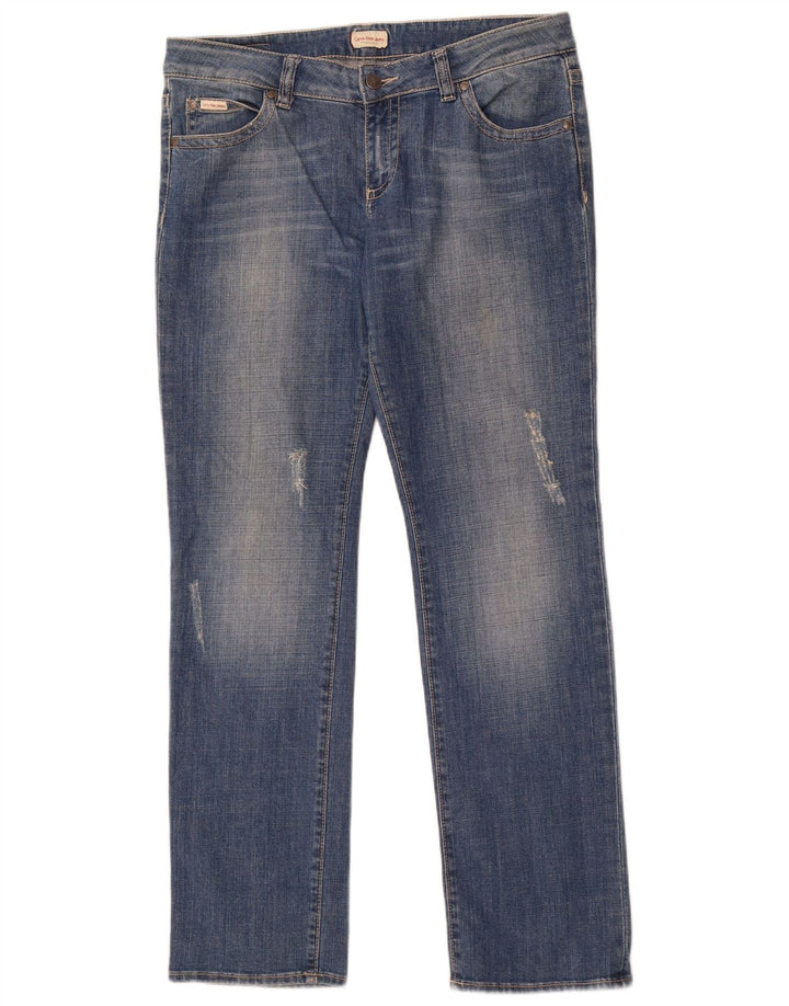 Calvin Klein Womens Distressed Straight Jeans W33 L32 Blue Cotton