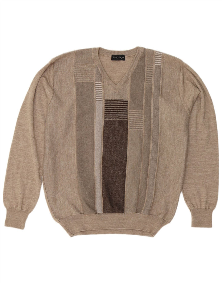 Les Corps Mens V-Neck Jumper Sweater Medium Beige Striped Wool