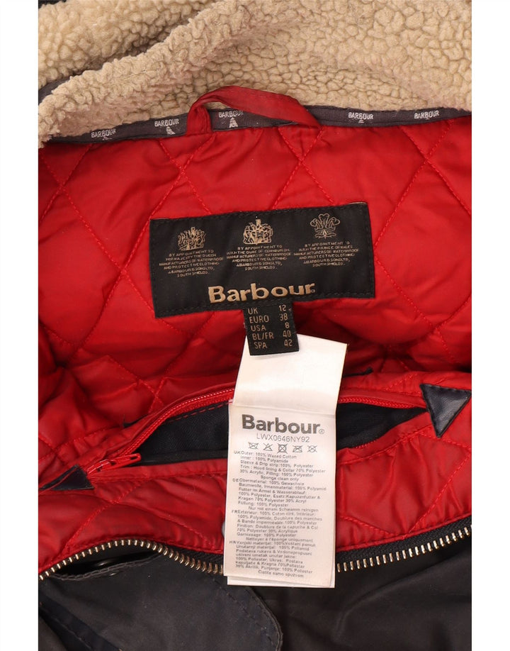 BARBOUR Dame hætte oversize vokset jakke UK 12 Mellem marineblå bomuld