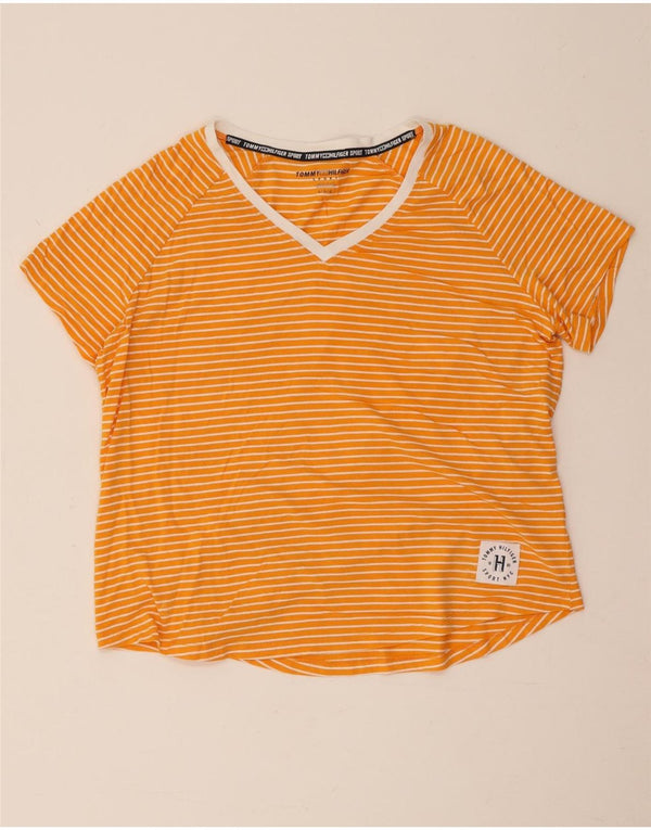 T-shirt grafica da donna Tommy Hilfiger Top UK 14 grande cotone a righe arancioni