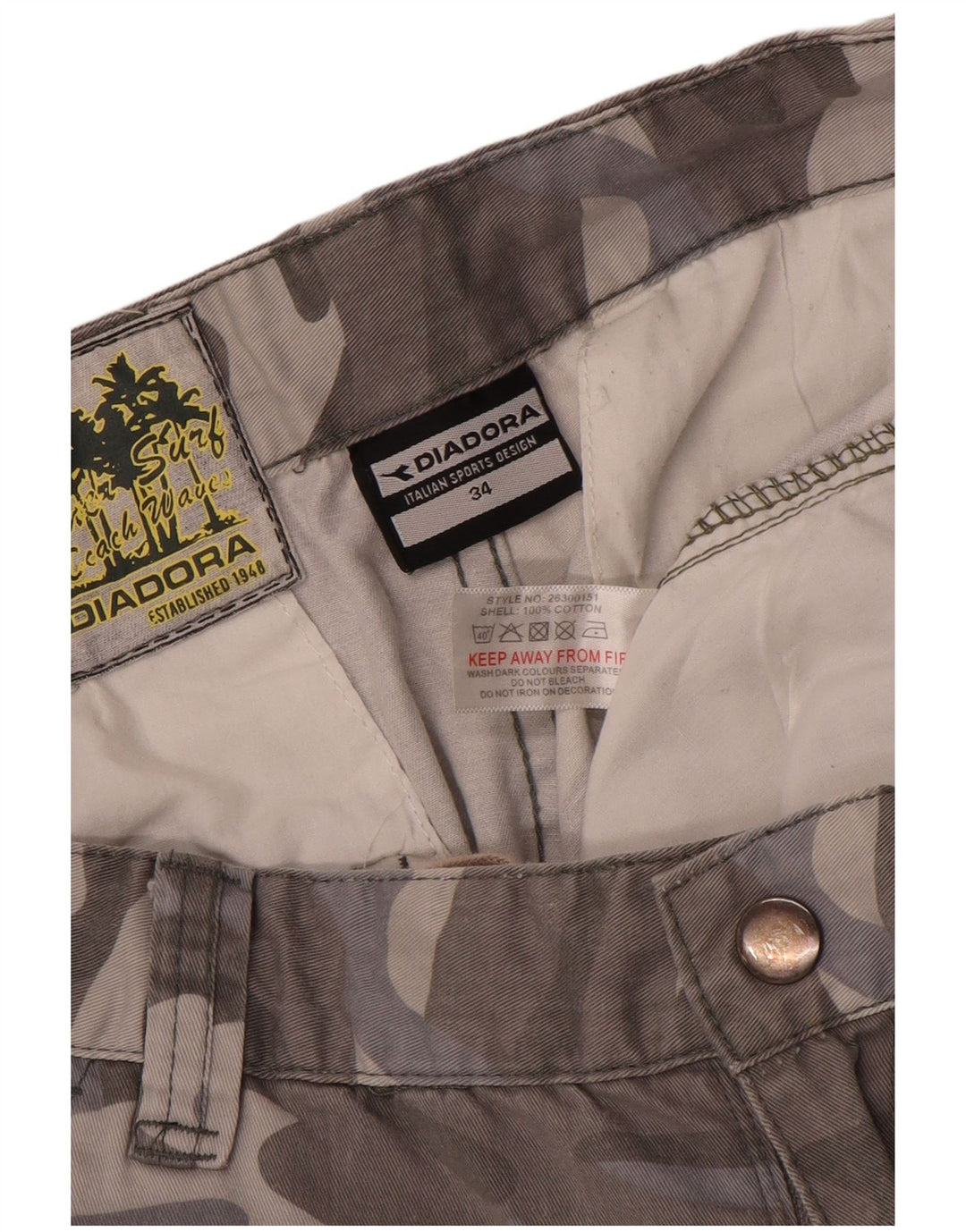 Diadora Mens Cargo Shorts W34 Large Grey Camouflage Cotton