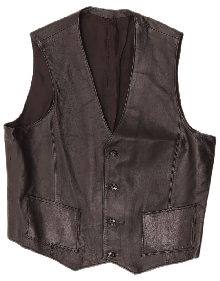 Vintage Womens Leather Waistcoat UK 12 Medium Black