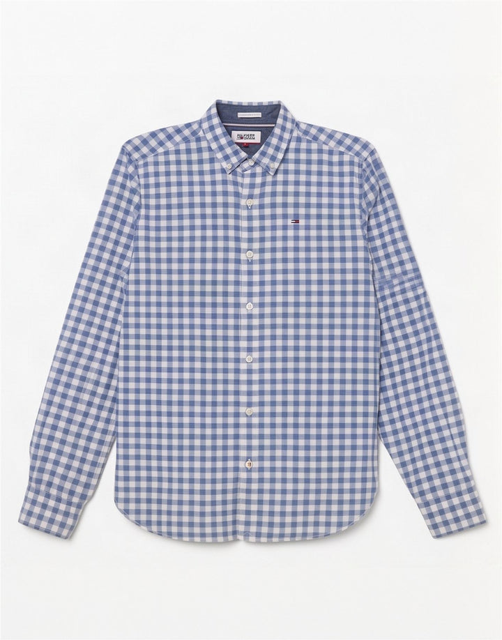 Camisa masculina Tommy Hilfiger pequena azul algodão guingão