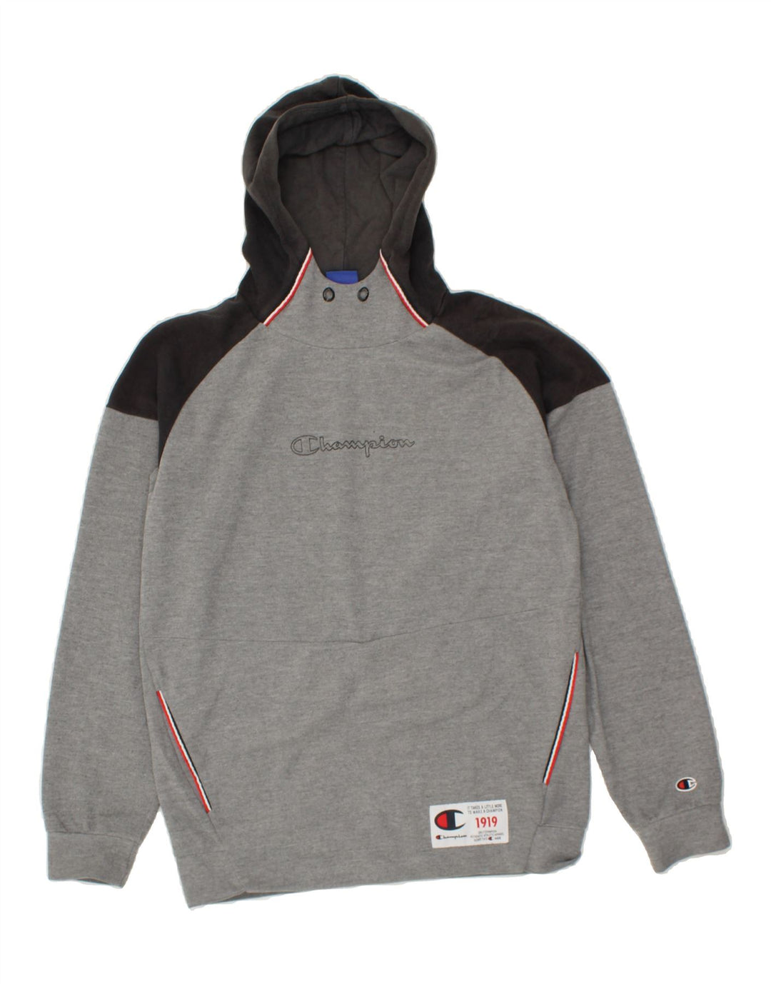 CHAMPION Mens Graphic Hoodie Jumper Medium Grey Colourblock Vintage Champion and Second-Hand Champion from Messina Hembry 