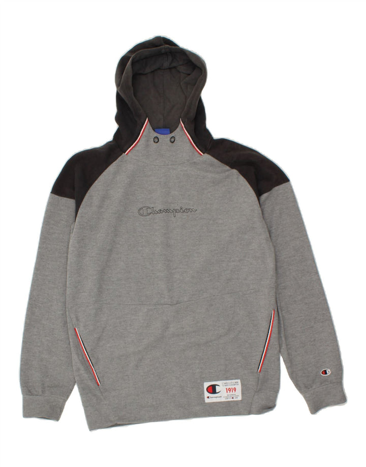 CHAMPION Mens Graphic Hoodie Jumper Medium Grey Colourblock Vintage Champion and Second-Hand Champion from Messina Hembry 