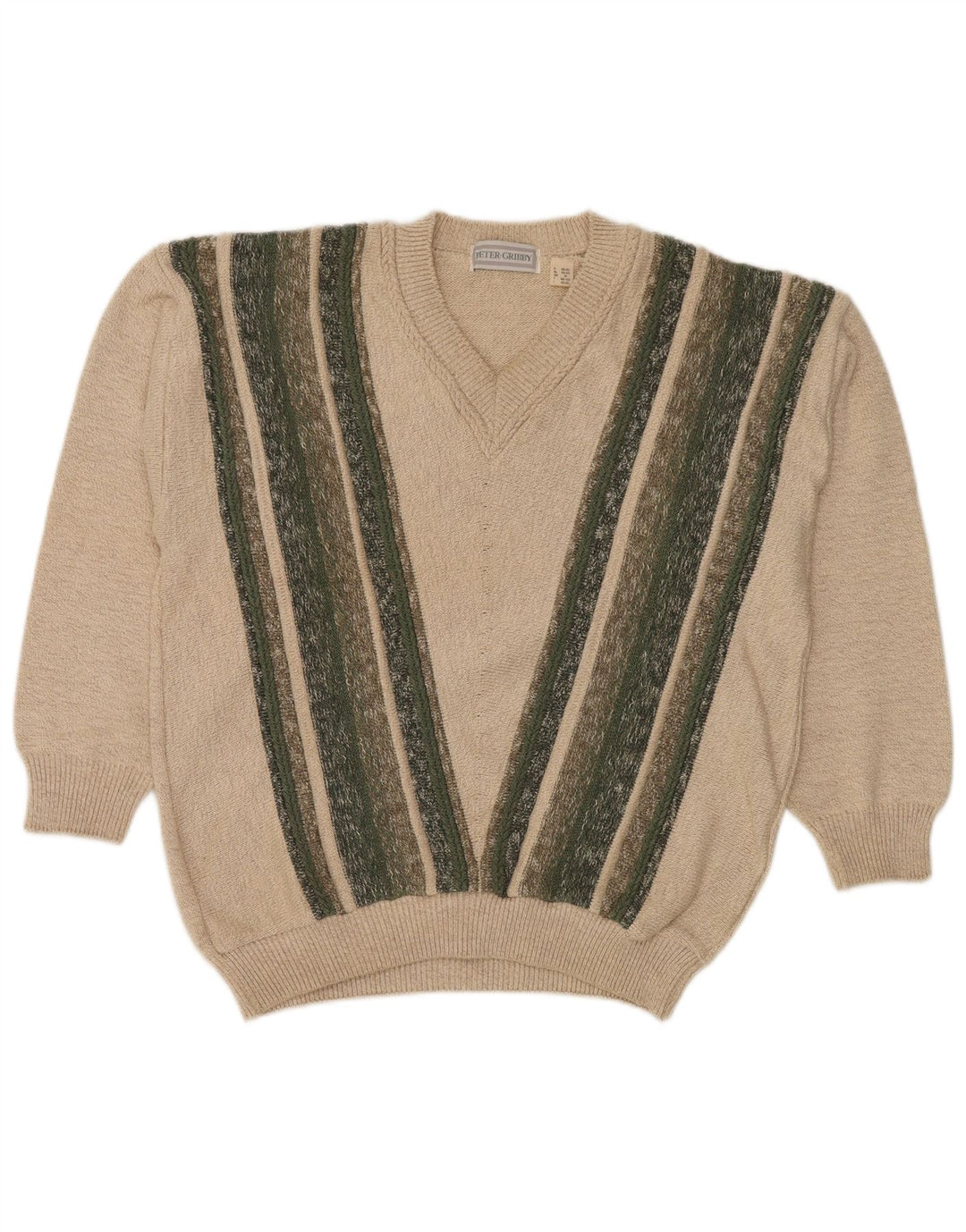 PETER GRIBBY Mens V-Neck Jumper Sweater Medium Beige Striped Cotton