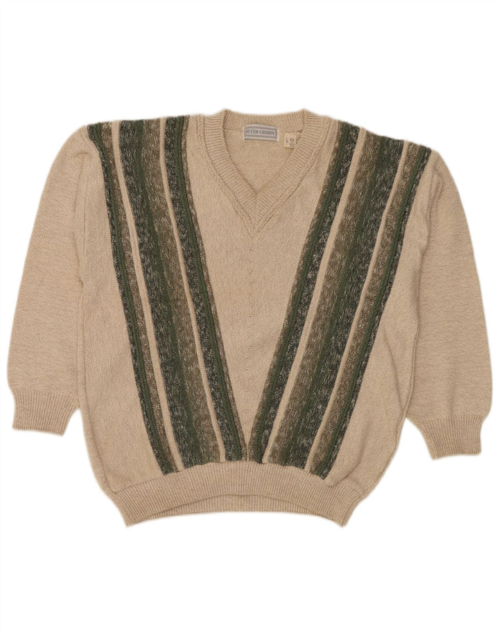 PETER GRIBBY Mens V-Neck Jumper Sweater Medium Beige Striped Cotton
