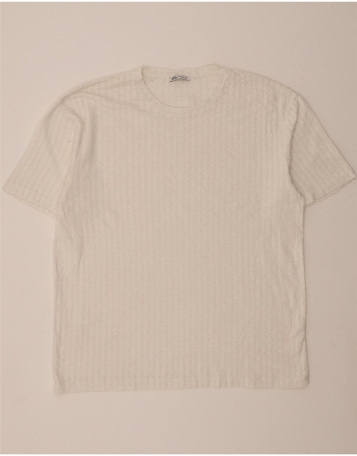 ZARA Mens T-Shirt Top XL White Striped Cotton Vintage Zara and Second-Hand Zara from Messina Hembry 