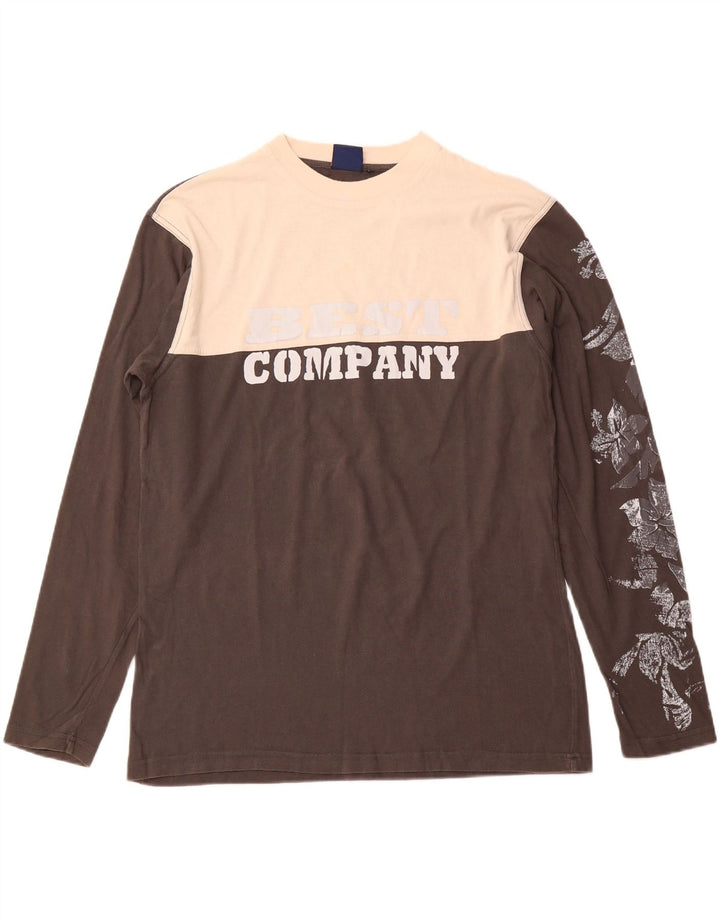 BEST COMPANY Mens Graphic Top Long Sleeve Medium Grey Colourblock Cotton