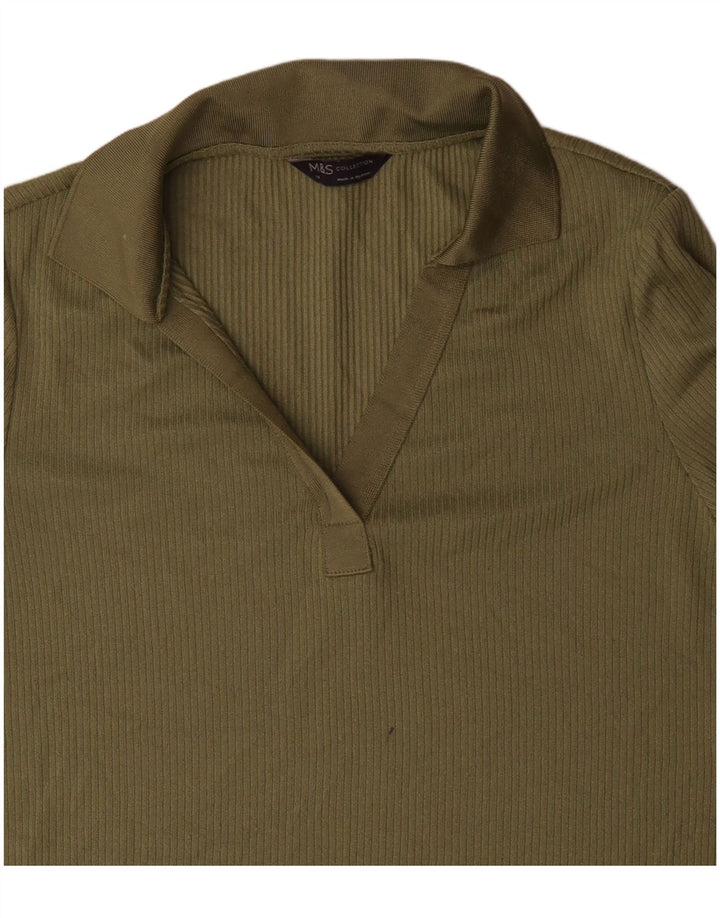 Marks & Spencer Womens Long Sleeve Polo Shirt UK 14 Large Green Polyester