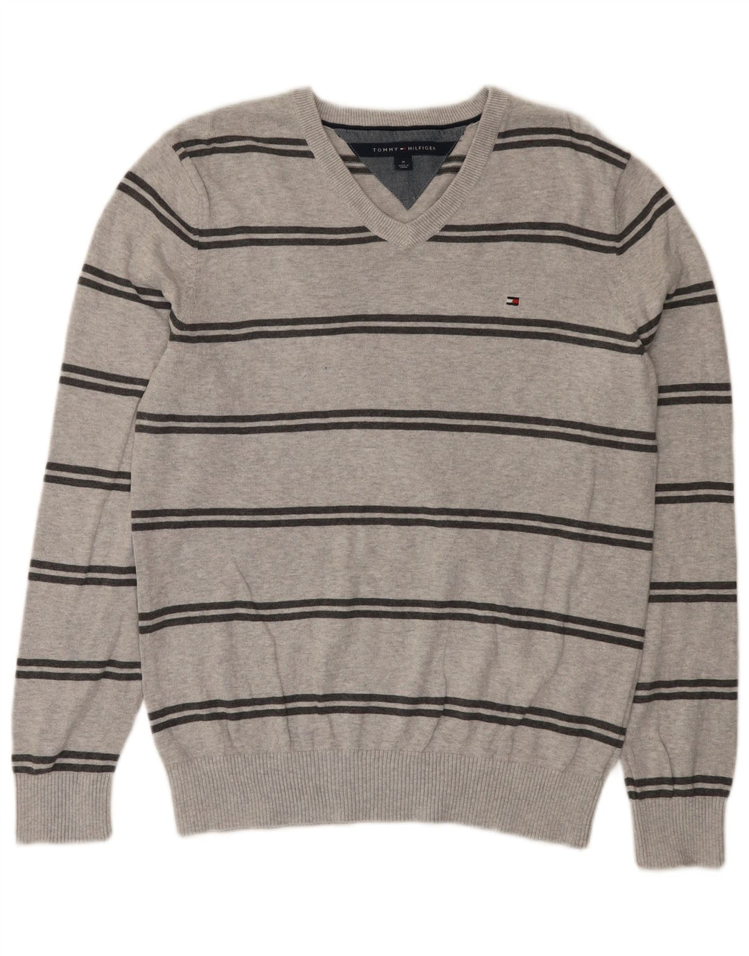Tommy Hilfiger Mens V-Neck Jumper Sweater Medium Grey Striped Cotton