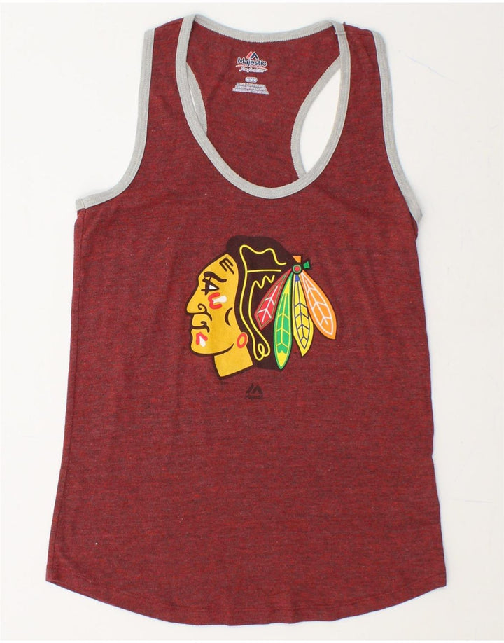 MAJESTIC Womens Graphic Vest Top UK 12 Medium Maroon Polyester Vintage Majestic and Second-Hand Majestic from Messina Hembry 