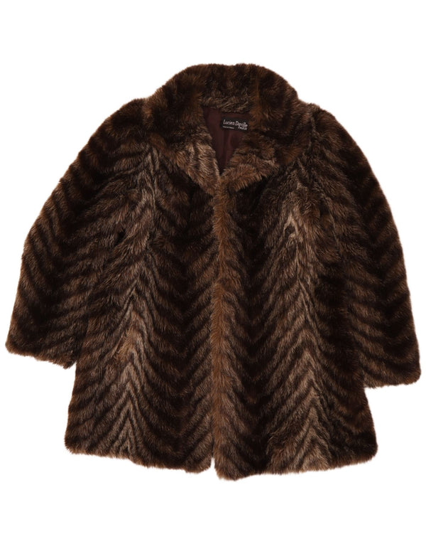 Lucien Daville Womens Faux Fur Overcoat UK 16 Large Brown Chevron Acrylic