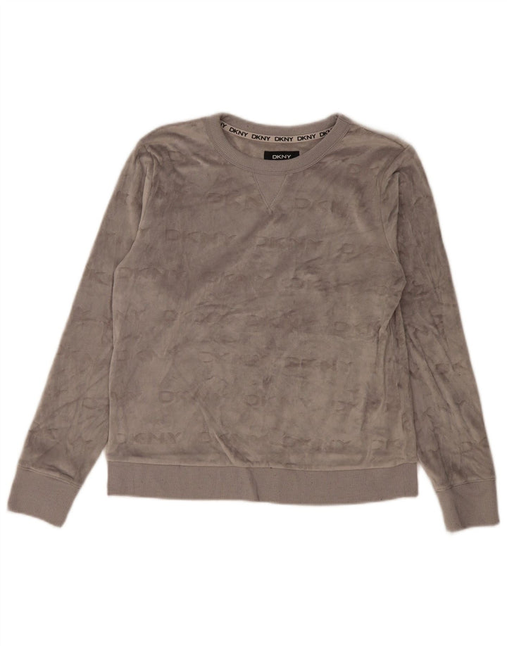 Dkny Womens Graphic Velour Sweatshirt Jumper UK 10 Small Grey Polyester