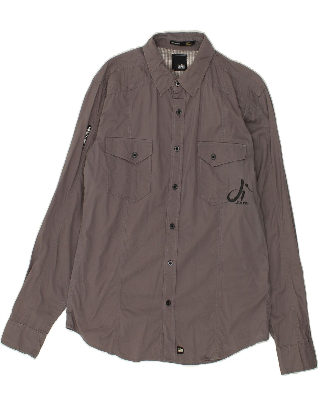 JACK & JONES Mens Slim Graphic Shirt Large Grey Cotton | Vintage Jack & Jones | Thrift | Second-Hand Jack & Jones | Used Clothing | Messina Hembry 