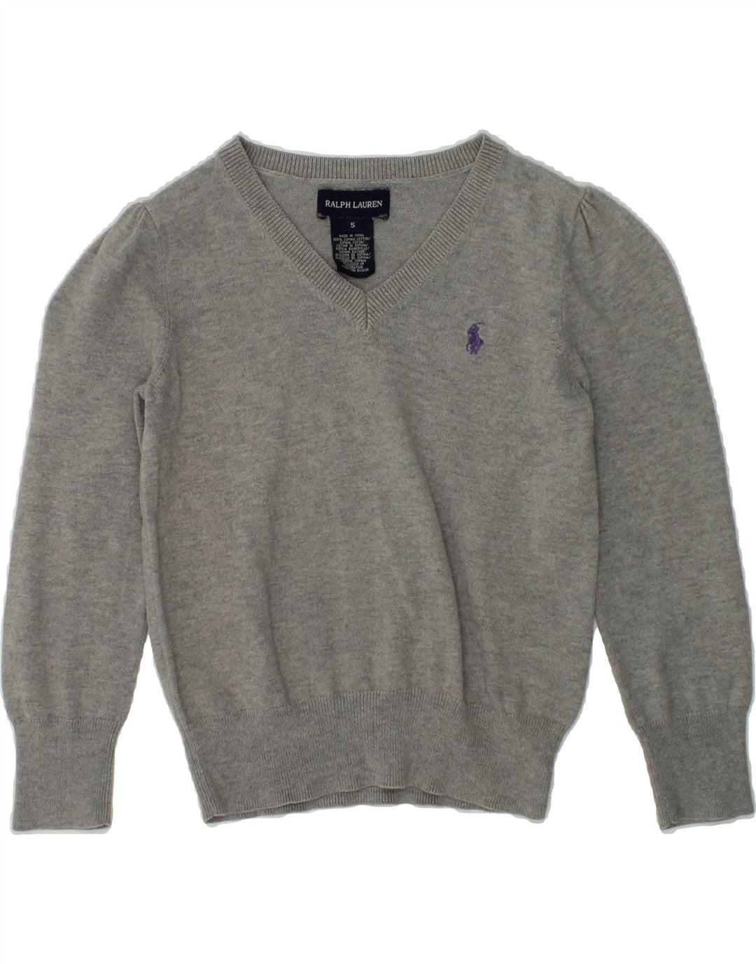 RALPH LAUREN Girls V-Neck Jumper Sweater 4-5 Years Grey Cotton | Vintage Ralph Lauren | Thrift | Second-Hand Ralph Lauren | Used Clothing | Messina Hembry 