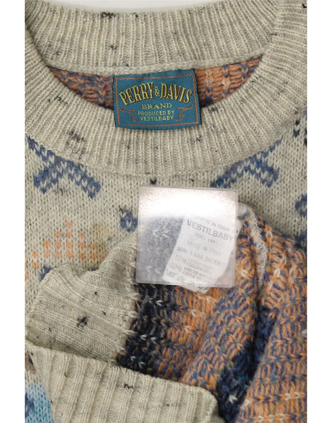 Vintage Herre Boat Neck Jumper Sweater Medium Grey Geometrisk Uld