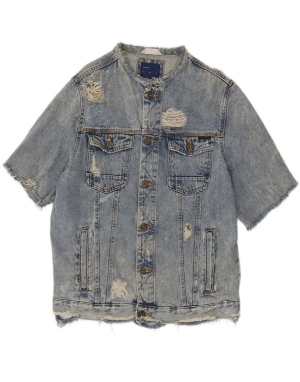 Zara Herren Distressed Short Sleeve Denim Jacke UK 42 XL Blaue Baumwolle
