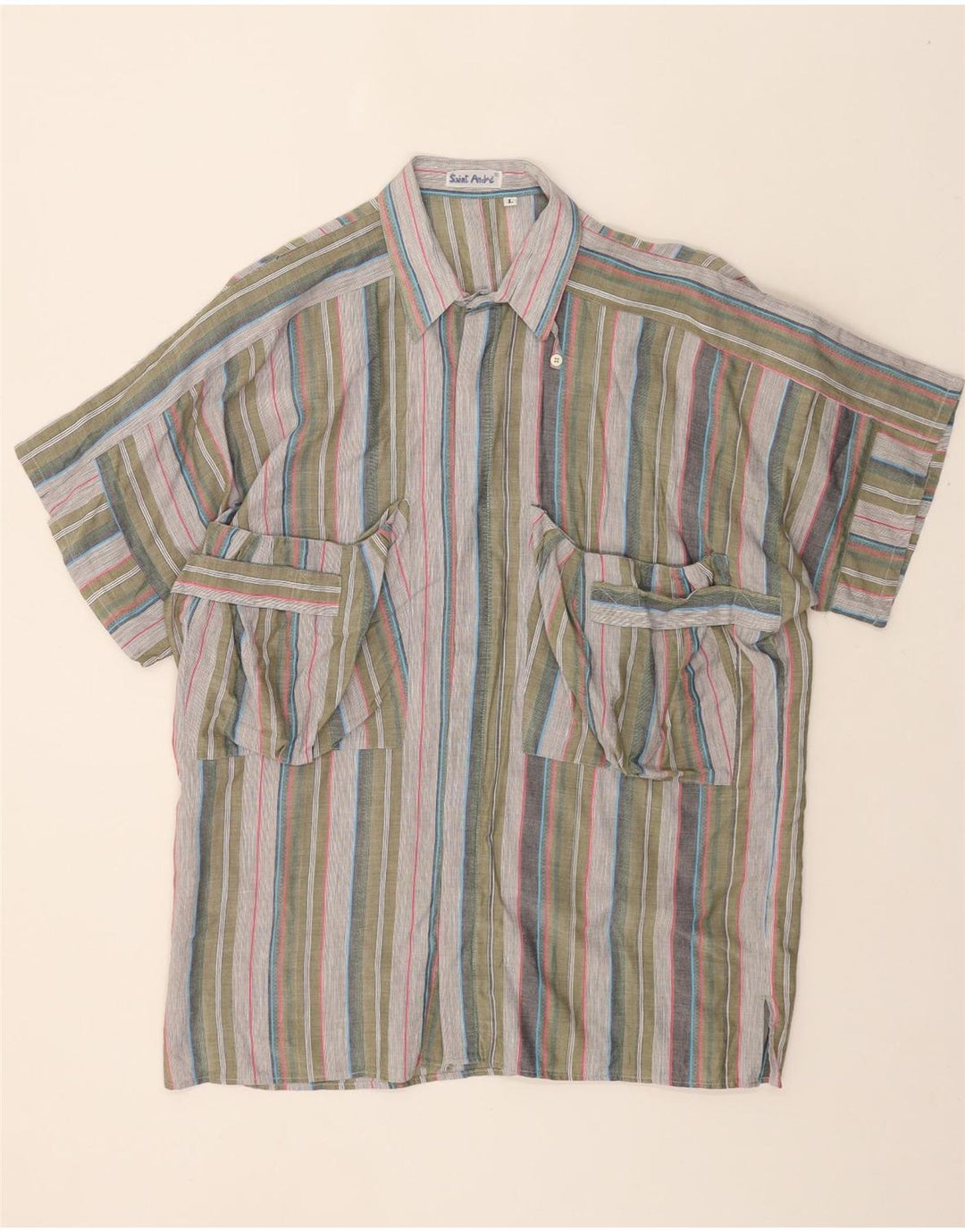 VINTAGE Mens Short Sleeve Shirt Large Grey Striped Vintage Vintage and Second-Hand Vintage from Messina Hembry 