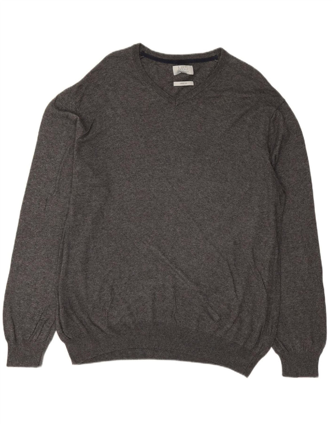 MARKS & SPENCER Mens Regular Fit V-Neck Jumper Sweater 2XL Grey Cotton
