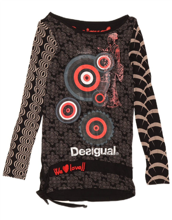 Desigual Womens Graphic Top Long Sleeve UK 12 Medium Black Viscose