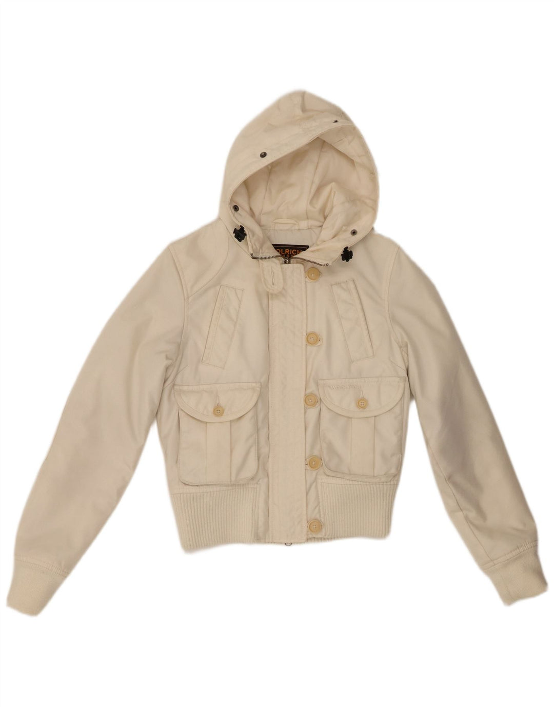 Woolrich Womens Hooded Bomber Jacket UK 10 Small Off White Nylon
