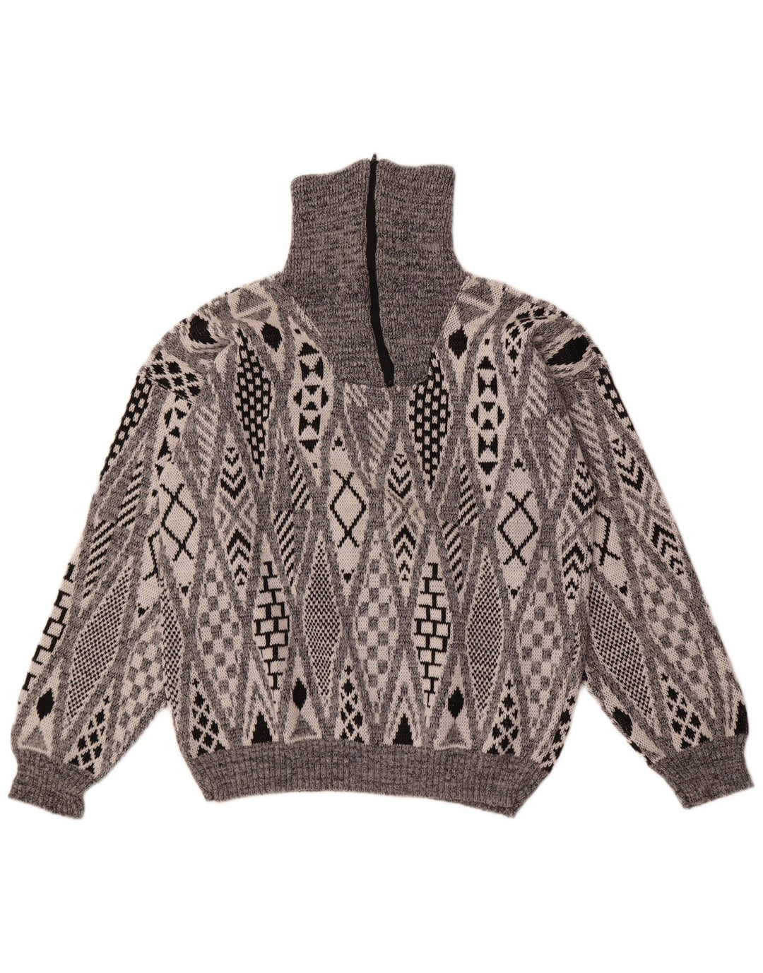 Vintage Mens Zip Neck Jumper Sweater Large Grey Geometric Acrylic