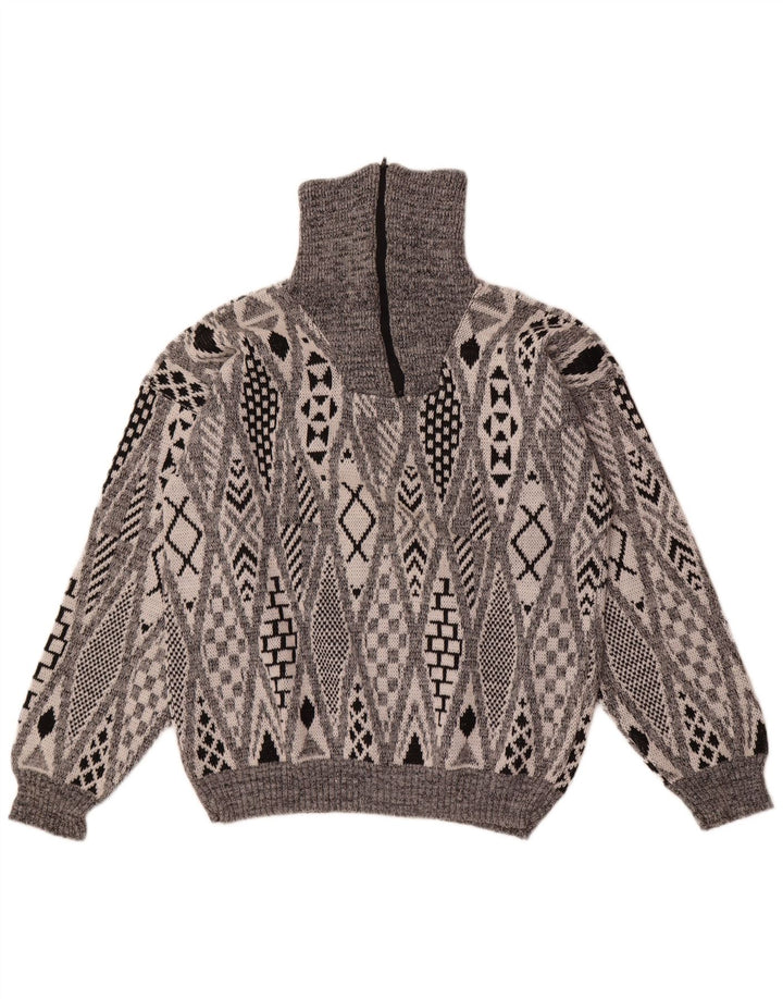 Vintage Mens Zip Neck Jumper Sweater Large Grey Geometric Acrylic