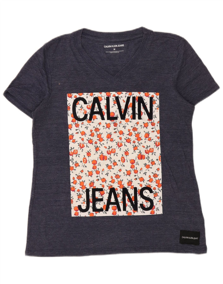 CALVIN KLEIN Womens Graphic T-Shirt Top UK 14 Medium Navy Blue Polyester