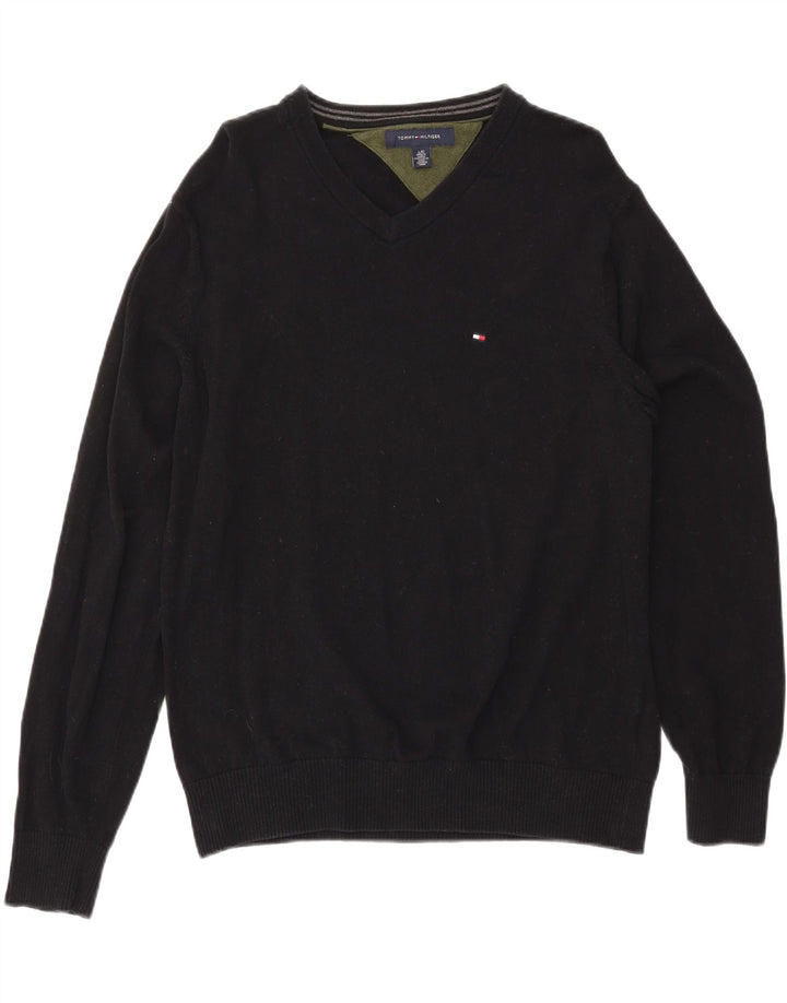 TOMMY HILFIGER Mens V-Neck Jumper Sweater Large Black Cotton Vintage Tommy Hilfiger and Second-Hand Tommy Hilfiger from Messina Hembry 
