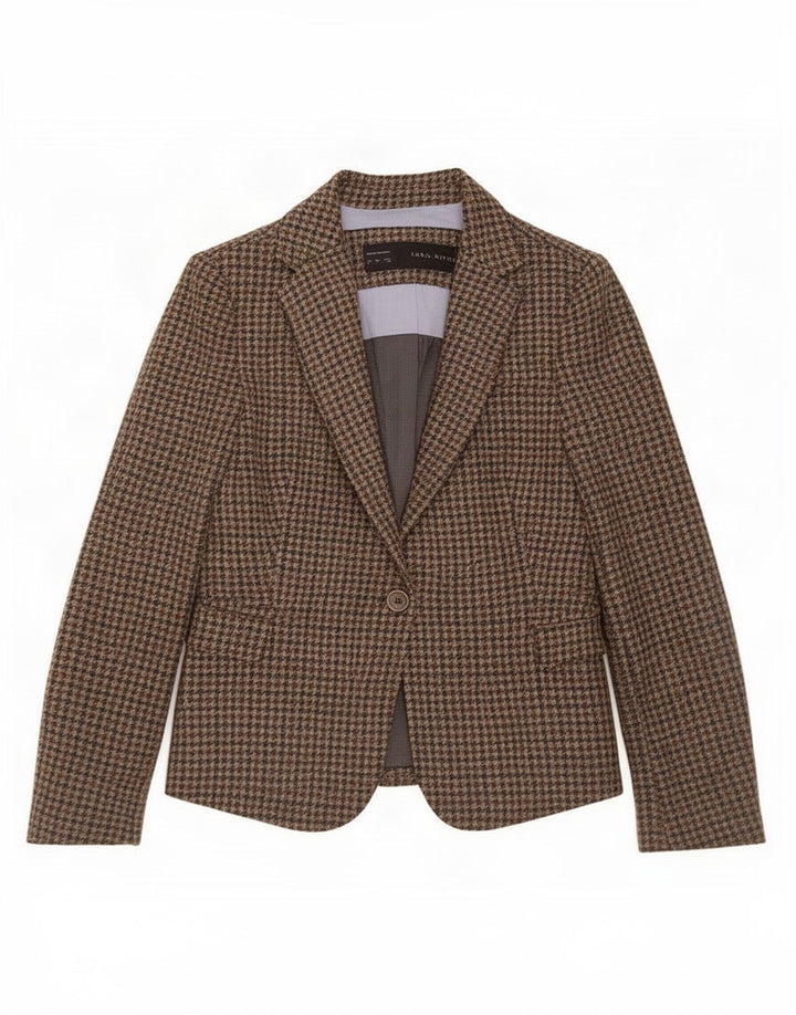 Zara Womens 1 Button Blazer Jacket UK 10 Petite laine pied-de-poule marron