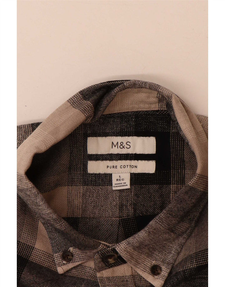 Marks & Spencer Męska koszula flanelowa w dużą brązową kratę, bawełniana