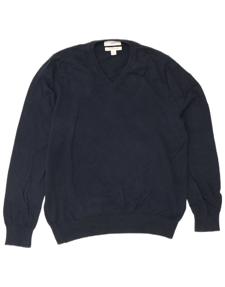 Marks & Spencer Herren-Pullover mit V-Ausschnitt aus mittelblauer Baumwolle