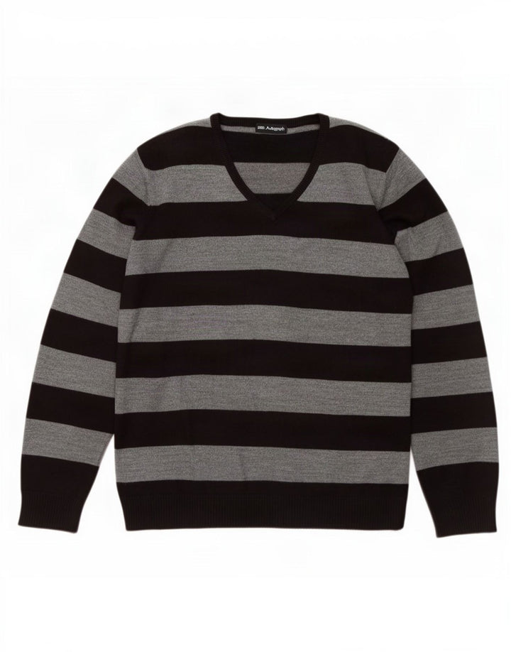 Marks & Spencer Mens V-Neck Jumper Sweater Large Grey Striped Acrylic