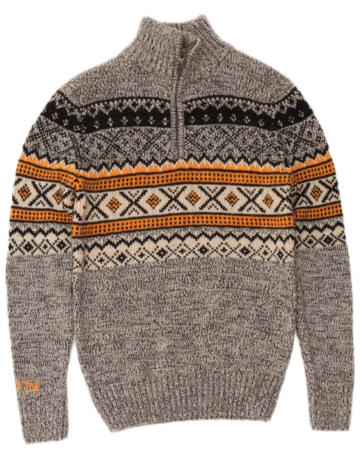 Superdry Mens Zip Neck Jumper Sweater Small Grey Fair Isle Acrylic