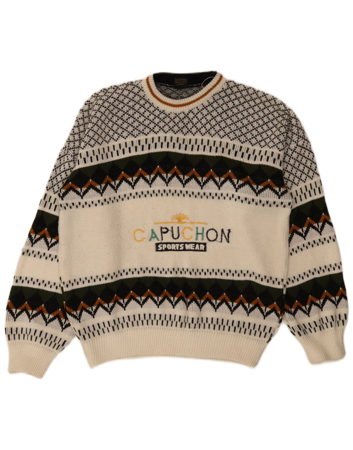 Vintage Mens Graphic Crew Neck Jumper Sweater Medium White Geometric Retro