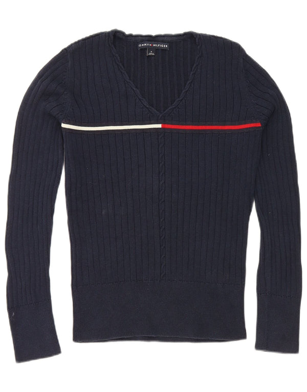 Maglione maglione con scollo a V da donna Tommy Hilfiger UK 12 Cotone medio blu navy