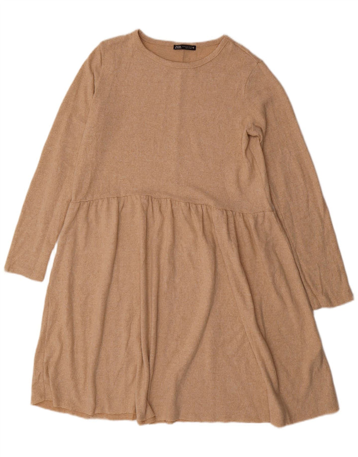 Zara Womens Long Sleeve Jumper Dress UK 14 Medium Beige Polyester