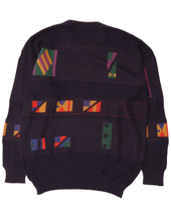vintage Mens Crew Neck Jumper Pull 2XL Bleu Marine Géométrique