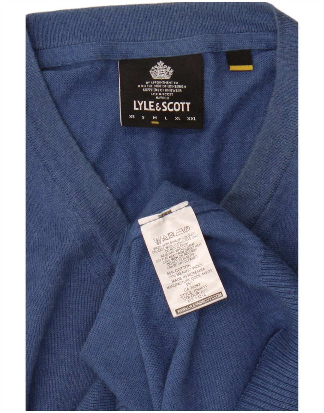 Lyle & Scott Mens V-Neck Jumper Sweater Medium Blue Cotton