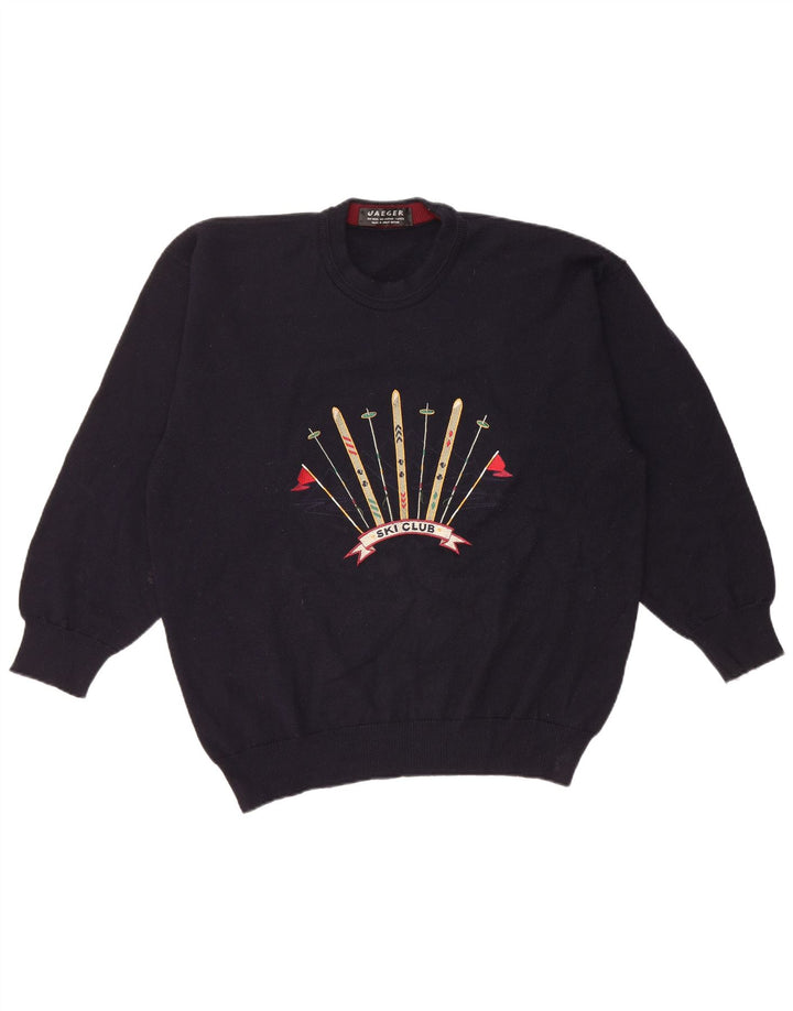 Jaeger Pull graphique à col rond pour homme en laine bleu marine