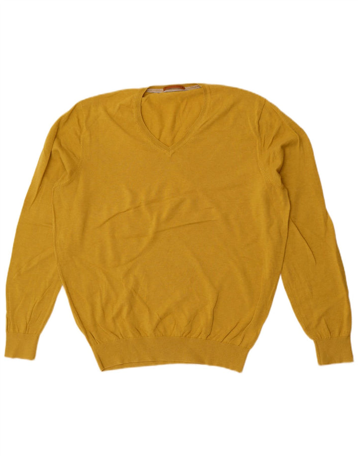 Massimo Dutti Mens V-Neck Jumper Sweater Large Yellow Cotton