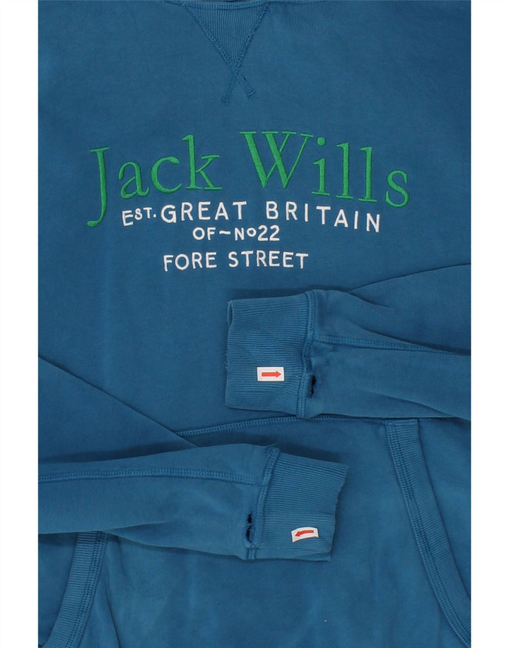 JACK WILLS Mens Graphic Hoodie Jumper Medium Blue Cotton Vintage Jack Wills and Second-Hand Jack Wills from Messina Hembry 