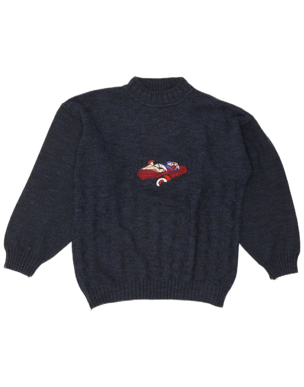 Maglione da uomo vintage con collo alto e grafica, grande blu navy