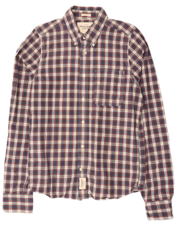 Camisa muscular masculina Abercrombie & Fitch grande algodão xadrez azul