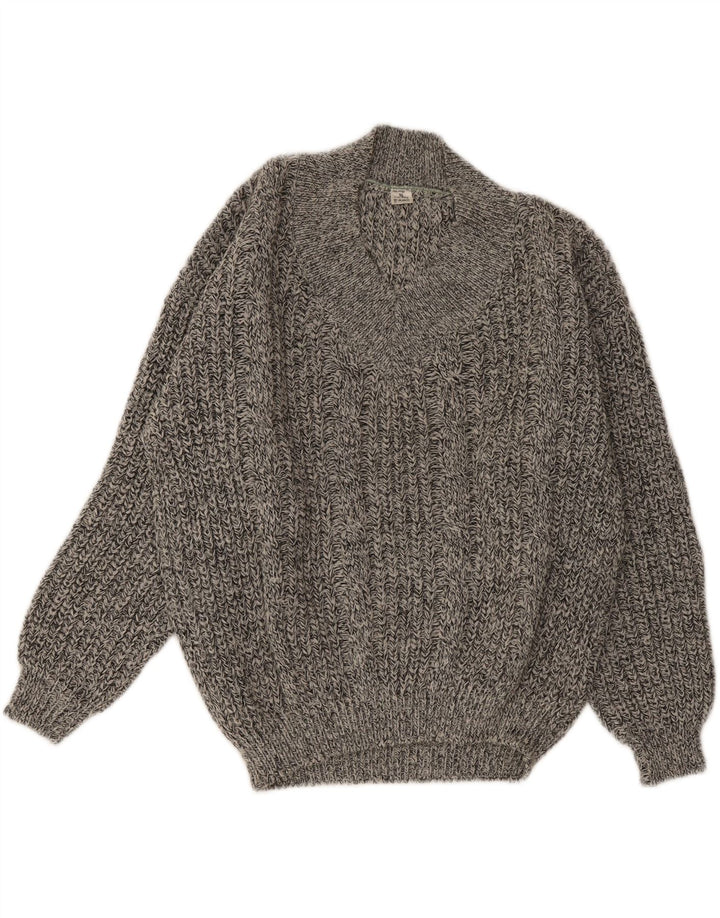 Vintage Mens V-Neck Jumper Sweater IT 50 Medium Grey Flecked