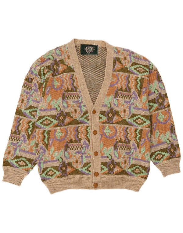 Vintage hombres Cardigan suéter medio multicolor geométrico acrílico